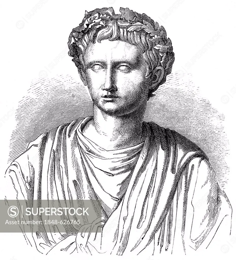 Historical drawing from the 19th Century, portrait of Agustu or Gaius Ocatvius, 63 BC - 14 AD, first Roman emperor