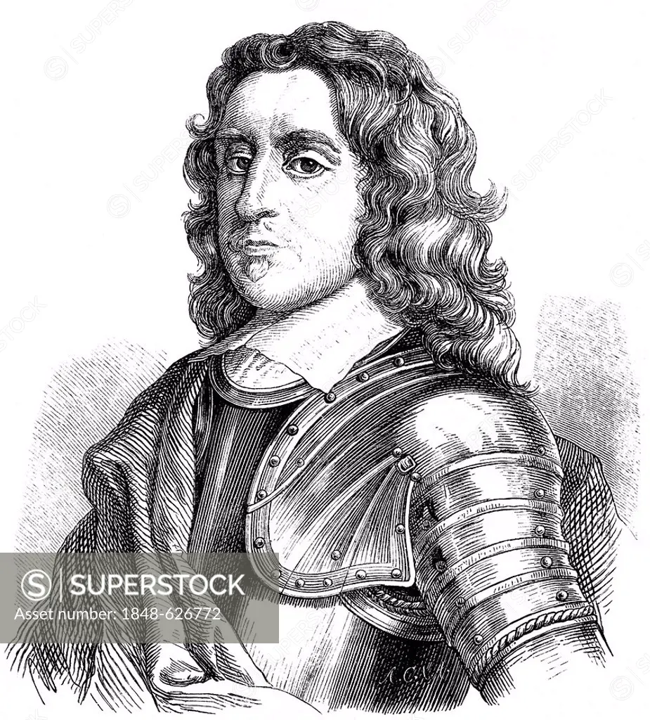 Historical woodcut from the 19th Century, portrait of the founder of the English Republic, Oliver Cromwell, 1599-1658, Lord Protector of England, Scot...