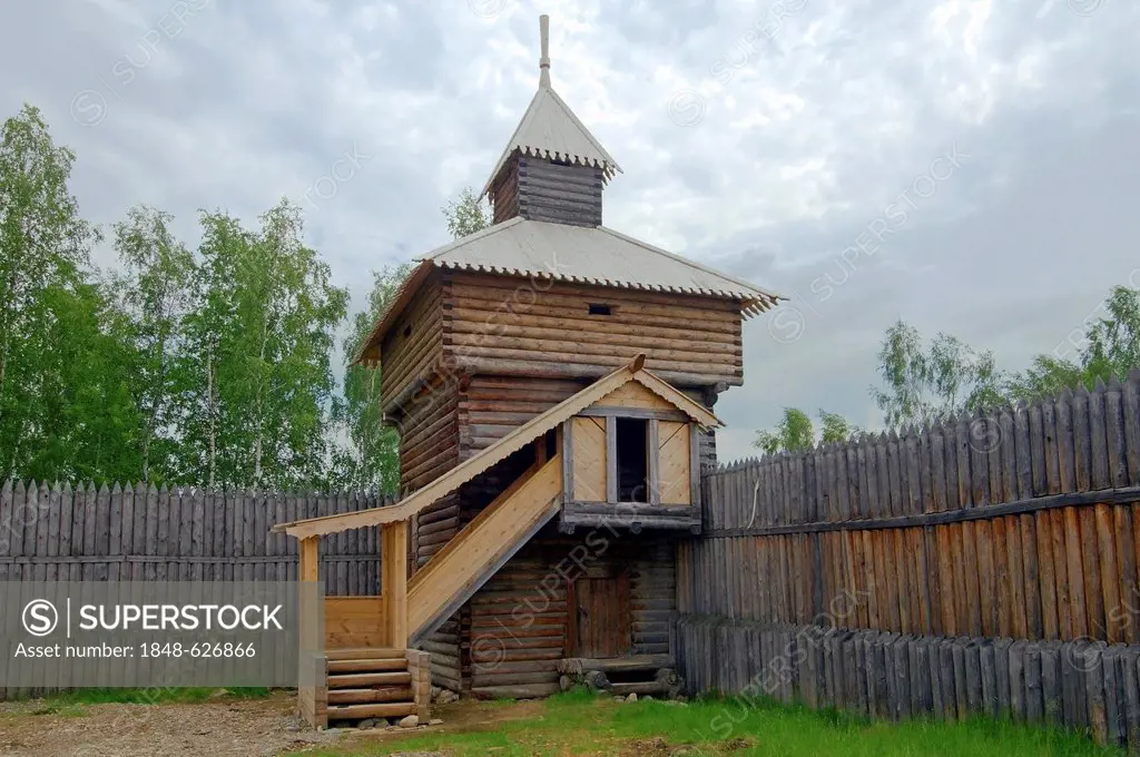 Spassky tower of the Ylym jail, 1667, Irkutsk Architectural and Ethnographic Museum Taltsy, settlement of Talzy, Irkutsk region, Baikal, Siberia, Russ...