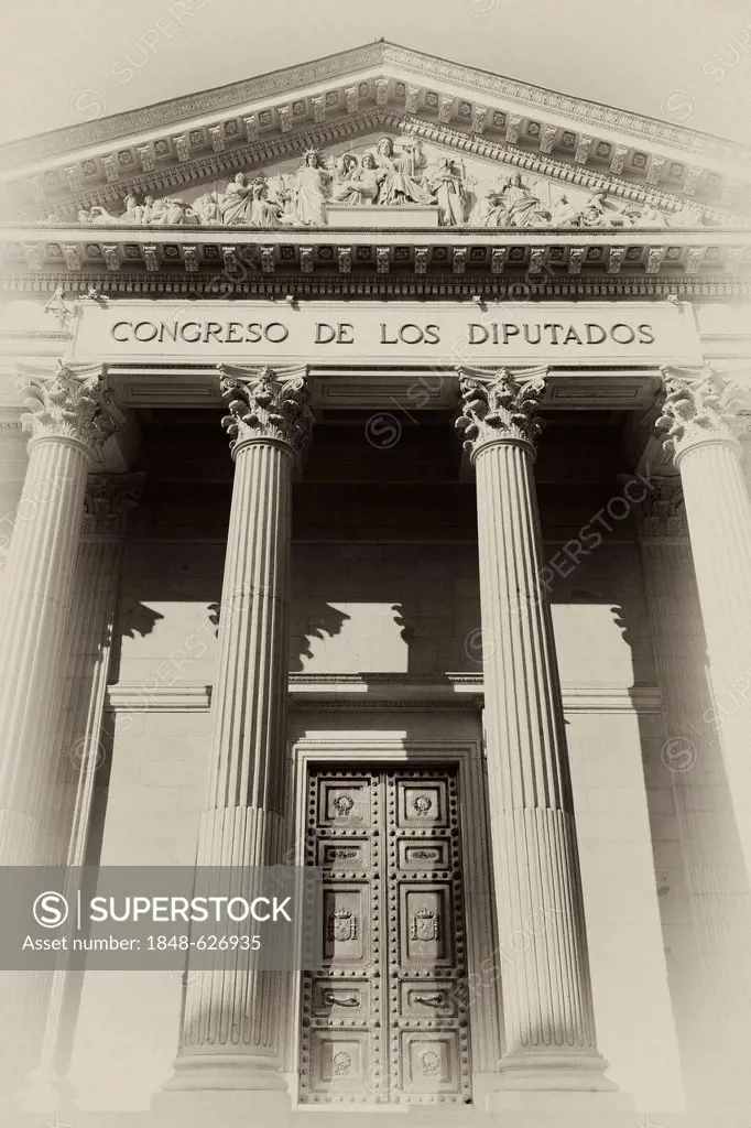 Lettering and relief in the tympanum above the main entrance, gate, sepia, vignette, Congreso de los Diputados, house of representatives, part of the ...