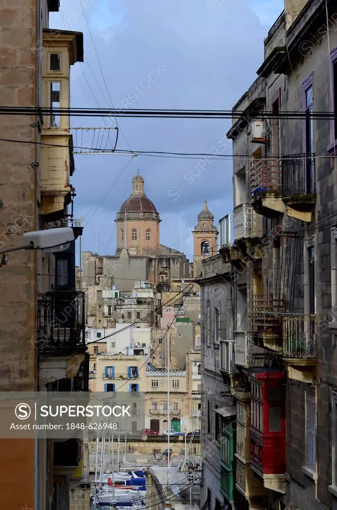 View of Birgu, row of houses, as seen from the fortified city of Senglea, Malta, Europe
