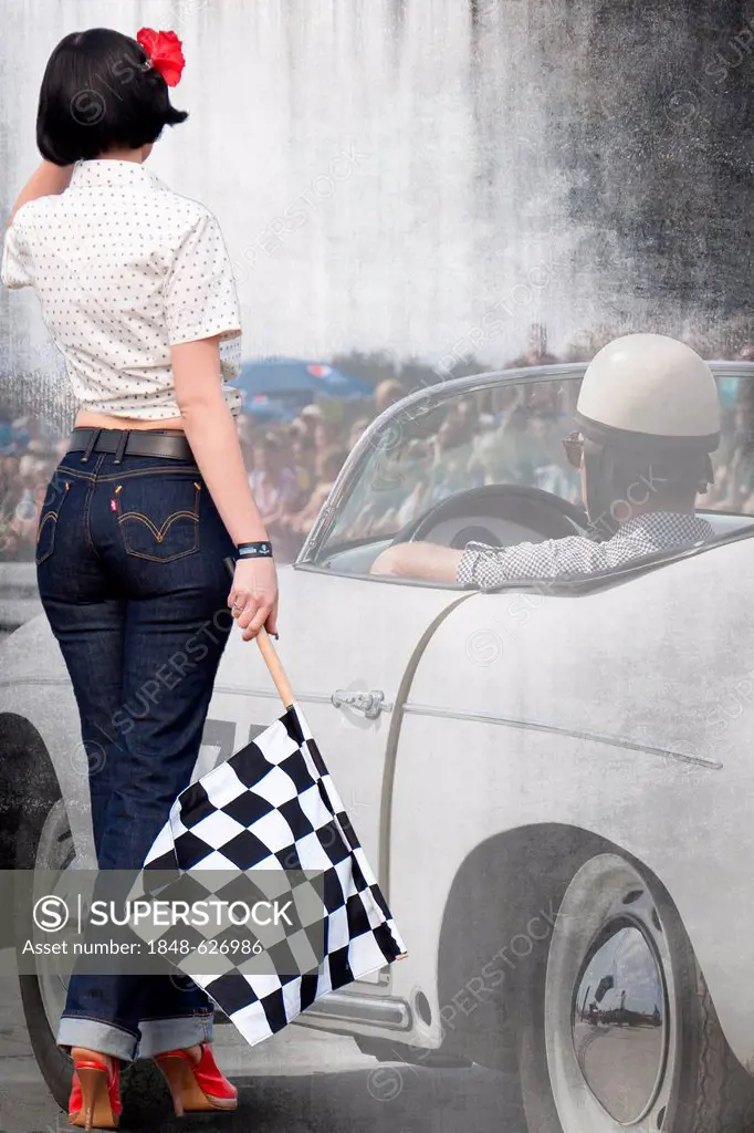 Starter girl standing next to a classic car, photo collage