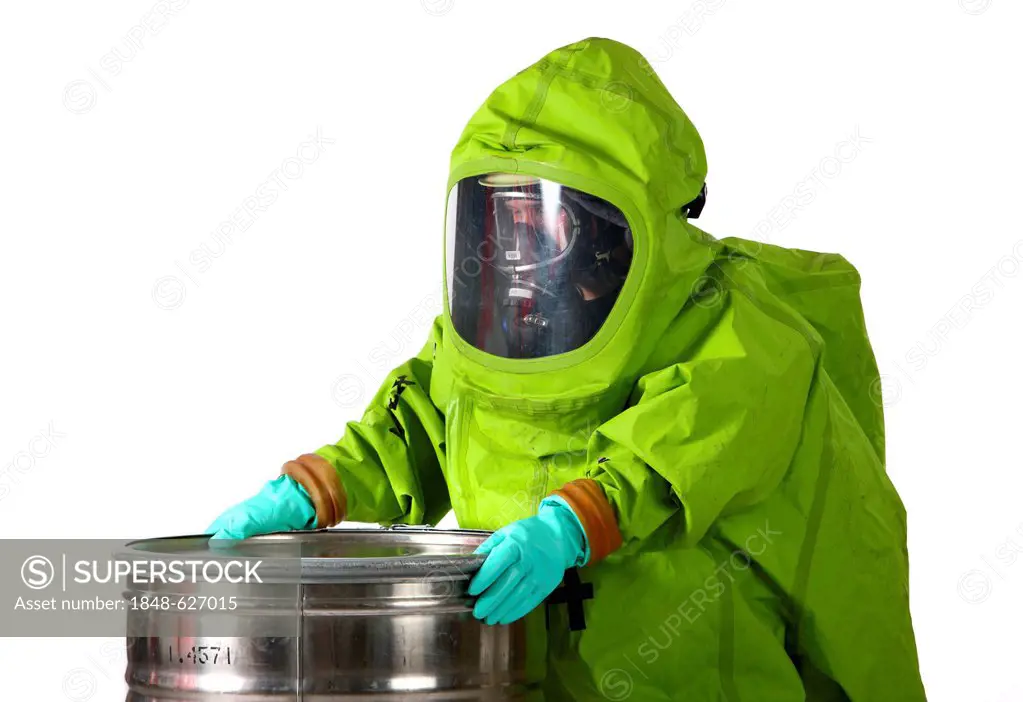 Firefighter wearing a chemical protective suit with air supply from a compressed air breathing apparatus, professional firefighter from the Berufsfeue...