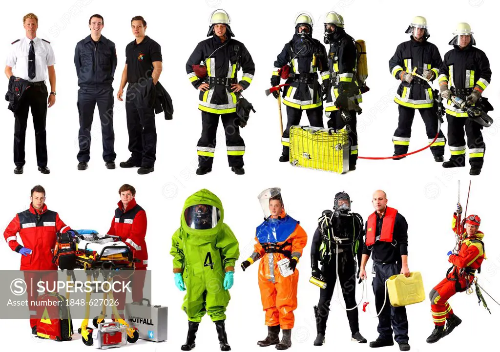 Firefighters wearing different uniforms, including a chemical protection suit, paramedics, a high-angle rescuer, a scuba diving suit and a protective ...