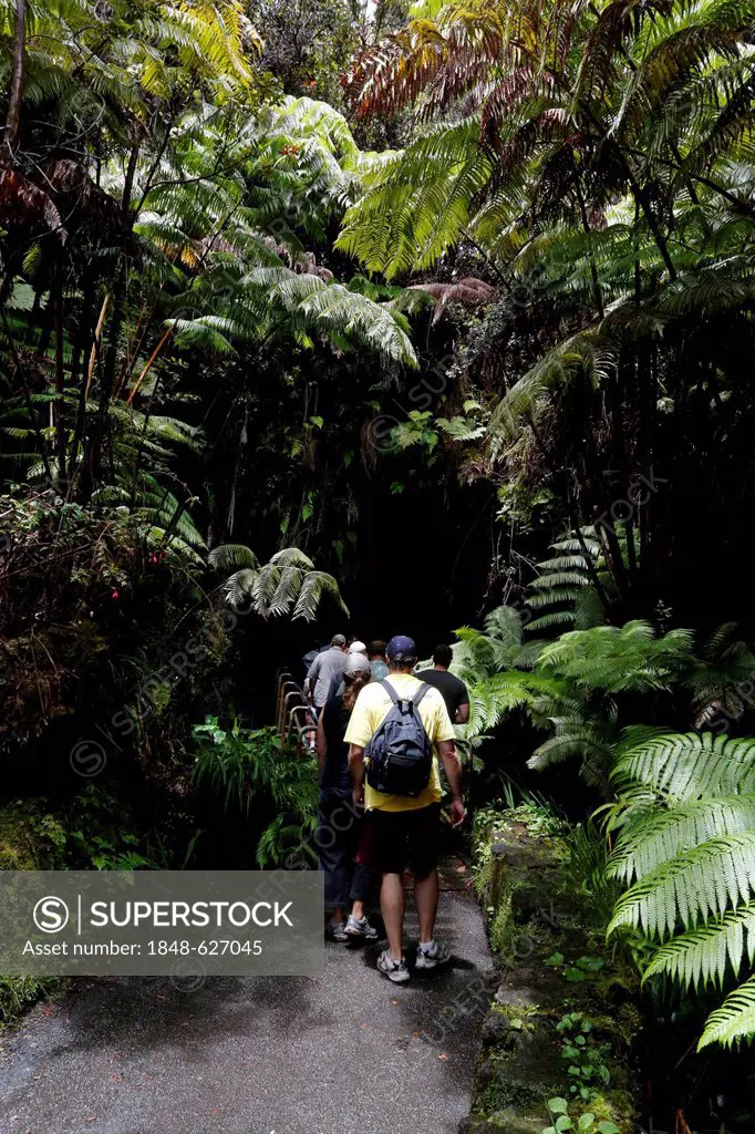Tourists at the entrance to the Nahuku Lava Tube, Thurston Lava Tube, Hawaii Volcanoes National Park, Big Island, Hawaii, USA