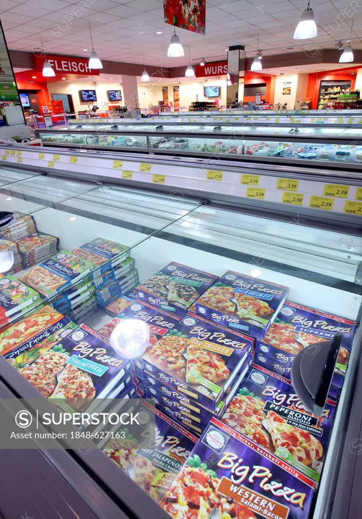 Freezers with various frozen products, convenience foods, self-service, food department, supermarket, Germany, Europe