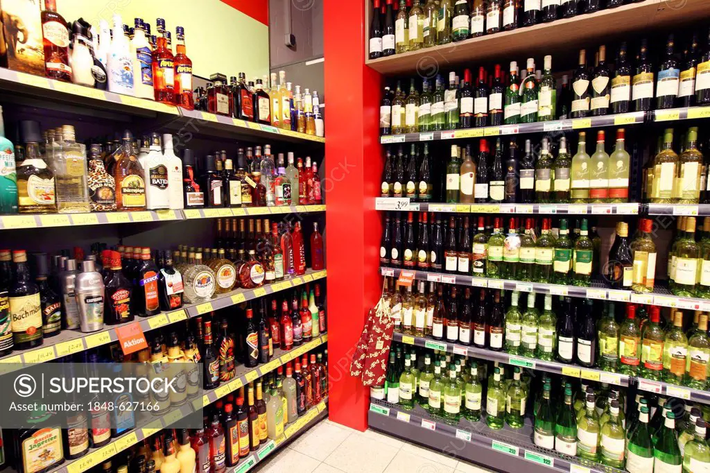 Beverage section, alcoholic beverages, self-service, food department, supermarket, Germany, Europe