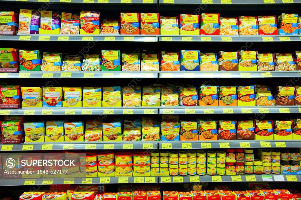 Shelves with packet soups, convenience foods, condiments, self-service, food department, supermarket, Germany, Europe