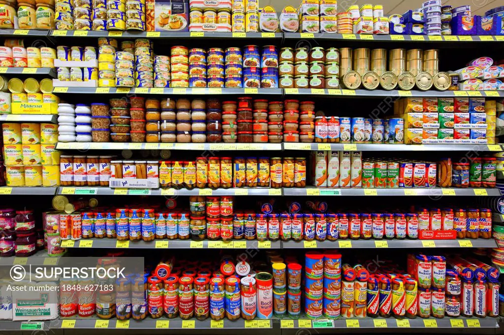 Shelves with meat products in jars and cans, self-service, food department, supermarket, Germany, Europe