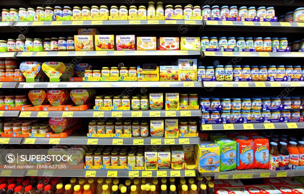 Baby food in jars, shelves, self-service, Germany, Europe