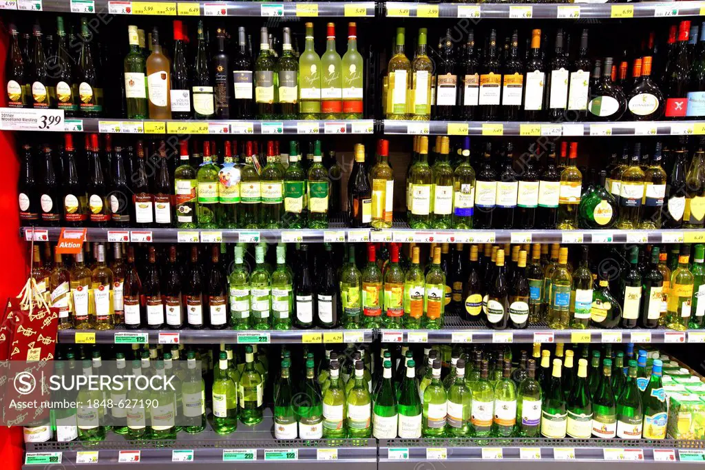 Beverage section, white wine, shelves, self-service, Germany, Europe