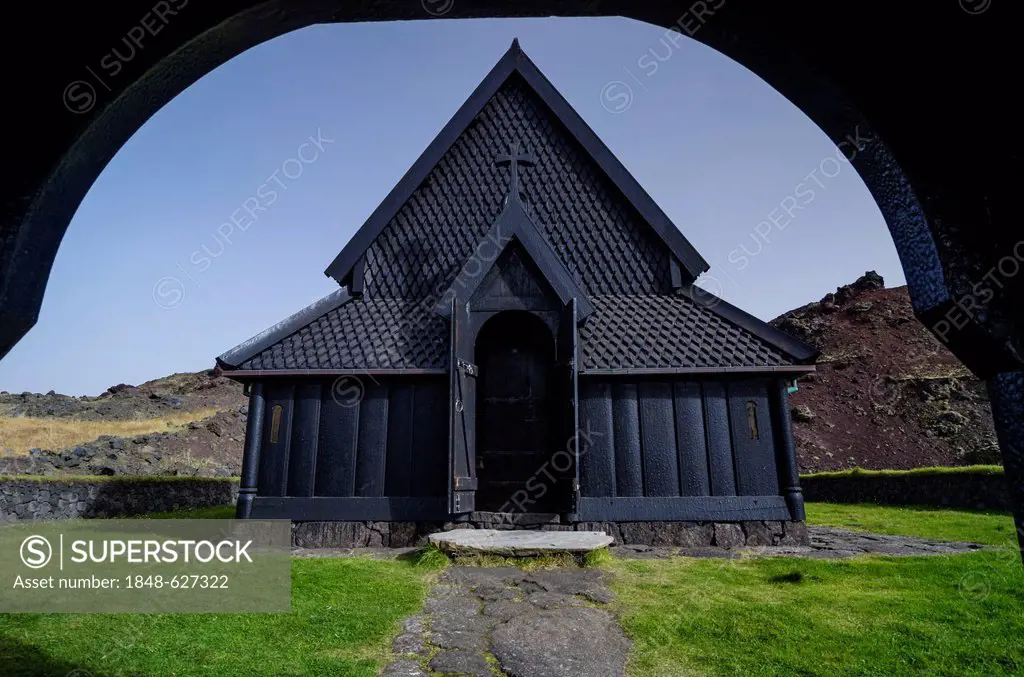 Stave church, Skansinn, Eldfell lava field, town of Vestmannaeyjar, Heimaey Island, Westman Islands, Suðurland or South Iceland, Iceland, Europe