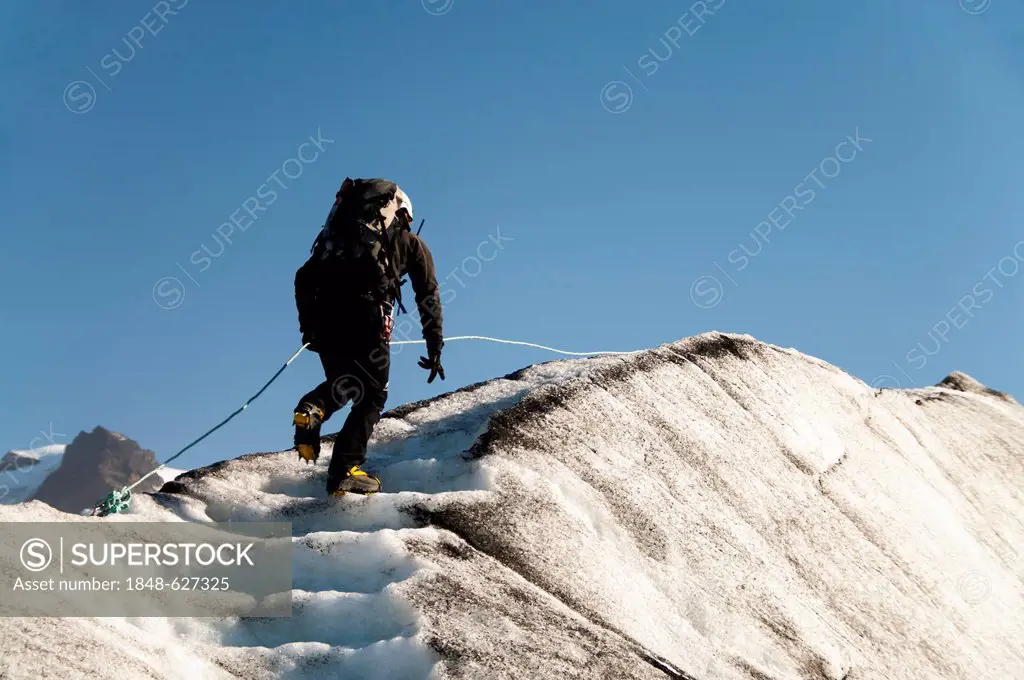 Man climbing stairs made of ice, hike, Svinafellsjoekull glacier tongue, Skaftafell National Park, Austurland, eastern Iceland, Iceland, Europe