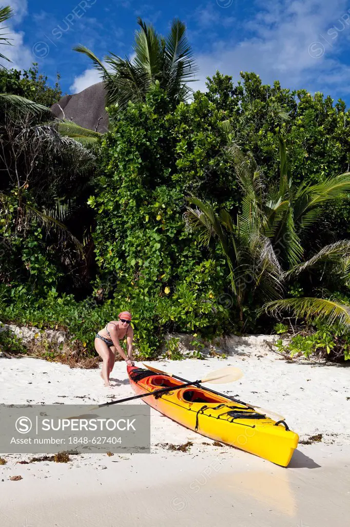 Kayak at the Anse Source d'Argent, La Digue Island, Seychelles, Africa, Indian Ocean