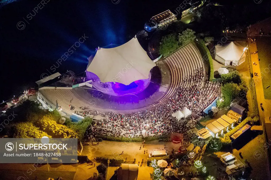 Aerial view, laser show at night, Nordsternpark, performance area, amphitheatre, Extraschicht 2012, special cultural event, Gelsenkirchen, Ruhr Area, ...