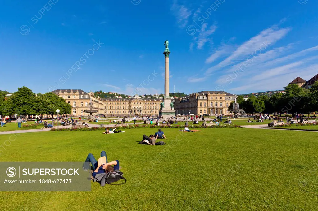 Schlossplatz square, Neues Schloss Castle, New Palace, Jubilee Column, Stuttgart, Baden-Wuerttemberg, Germany, Europe