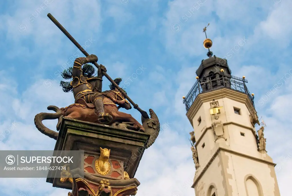 Column of St. George Fountain and Town Hall tower, Rothenburg ob der Tauber, Bavaria, Germany, Europe