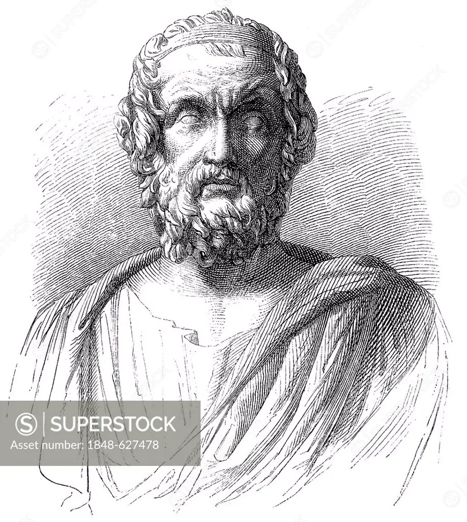Historical drawing from the 19th Century, portrait of Homer, poet of antiquity, author of the Iliad and the Odyssey