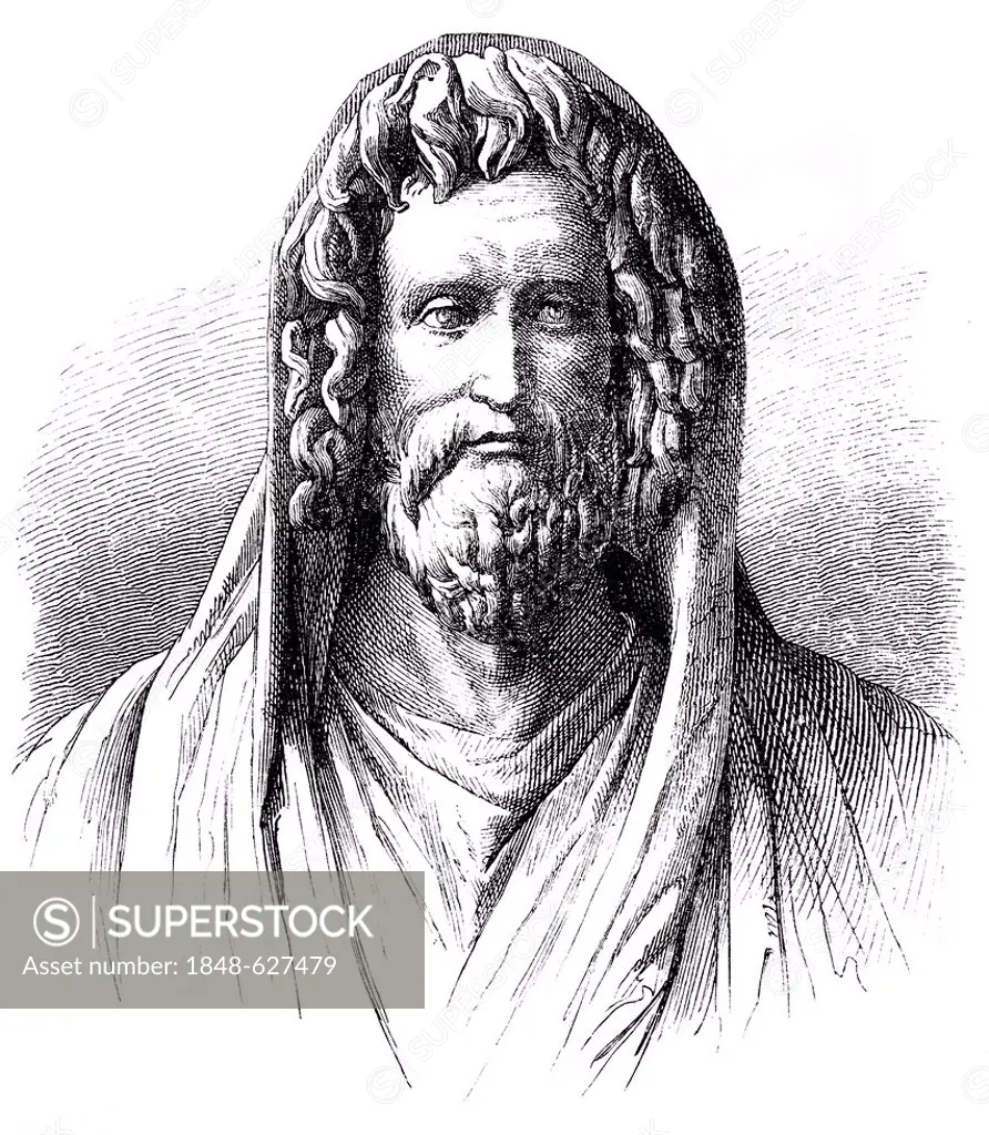Historical drawing from the 19th Century, portrait of Numa Pompilius, 750-672 BC, the legendary second king of Rome