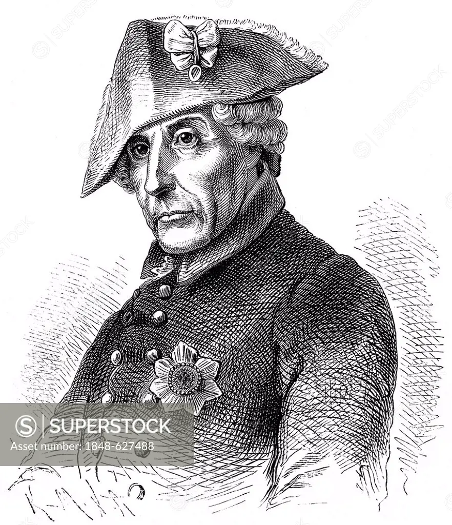 Historical drawing from the 19th Century, portrait of Frederick II of Prussia or Frederick the Great or Old Fritz, 1712-1786, King of Prussia and Elec...