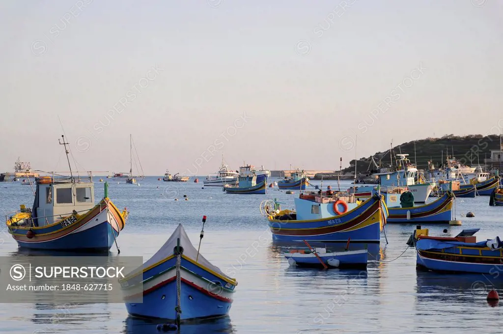 Evening mood, fishing boats, Marsaxlokk, Malta, Europe