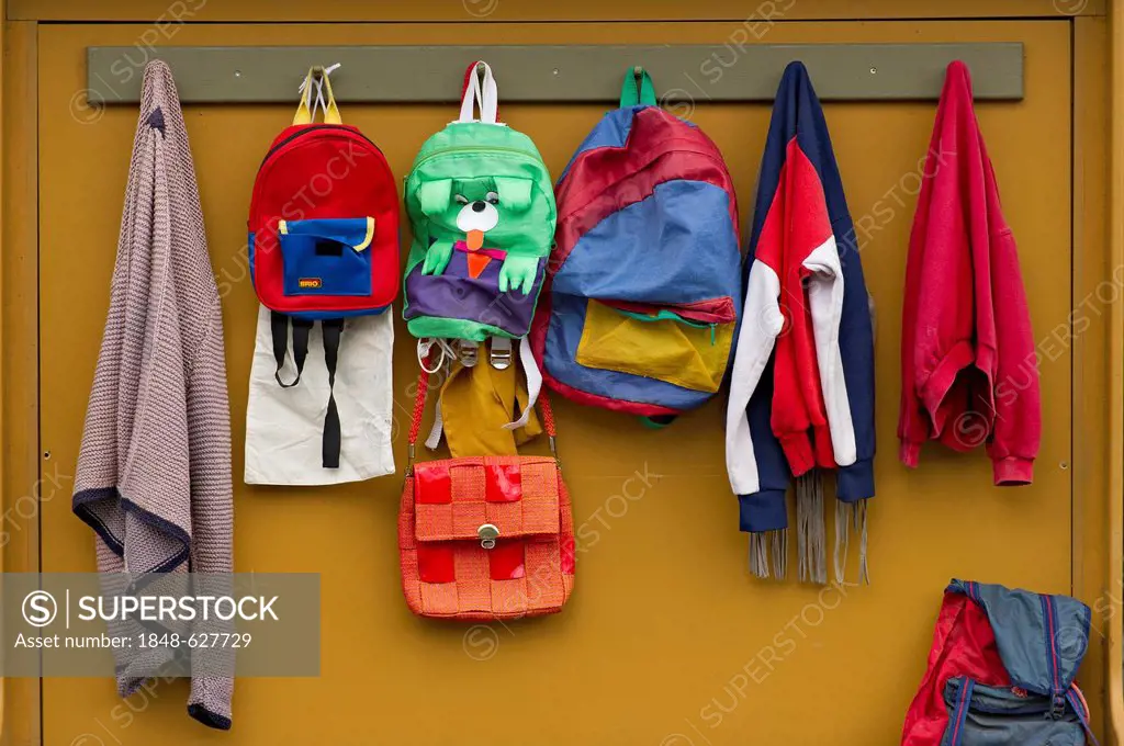 School wardrobe with backpacks, bags, jackets at the Easter bunny school at Easter time, Niederneuching-Ottenhofen, Upper Bavaria, Bavaria, Germany, E...