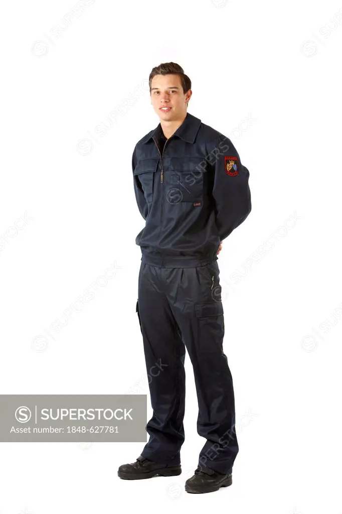 Firefighter wearing the uniform worn during everyday service, professional firefighter from the Berufsfeuerwehr Essen, Essen, North Rhine-Westphalia, ...