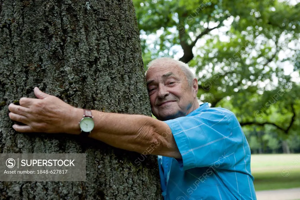 Elderly man hugging a tree, in a good mood