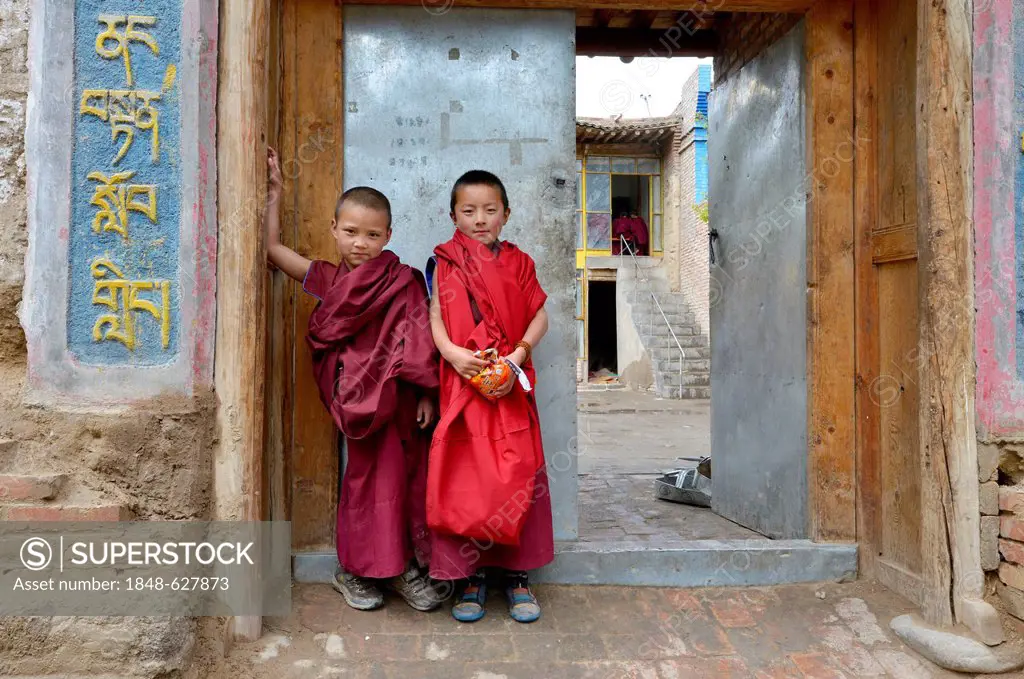 Two young novice monks, students, in front of a Buddhist monastery school, monastery building in the traditional architectural style, Tongren Monaster...