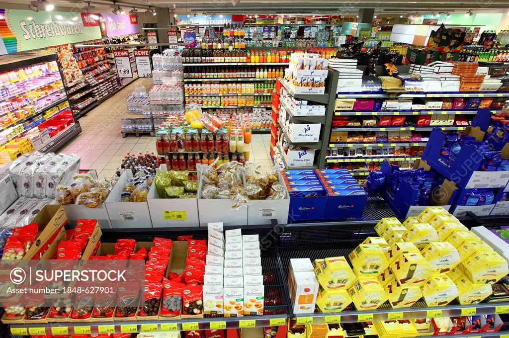 Shelves with a variety of foods, self-service, food department, supermarket, Germany, Europe