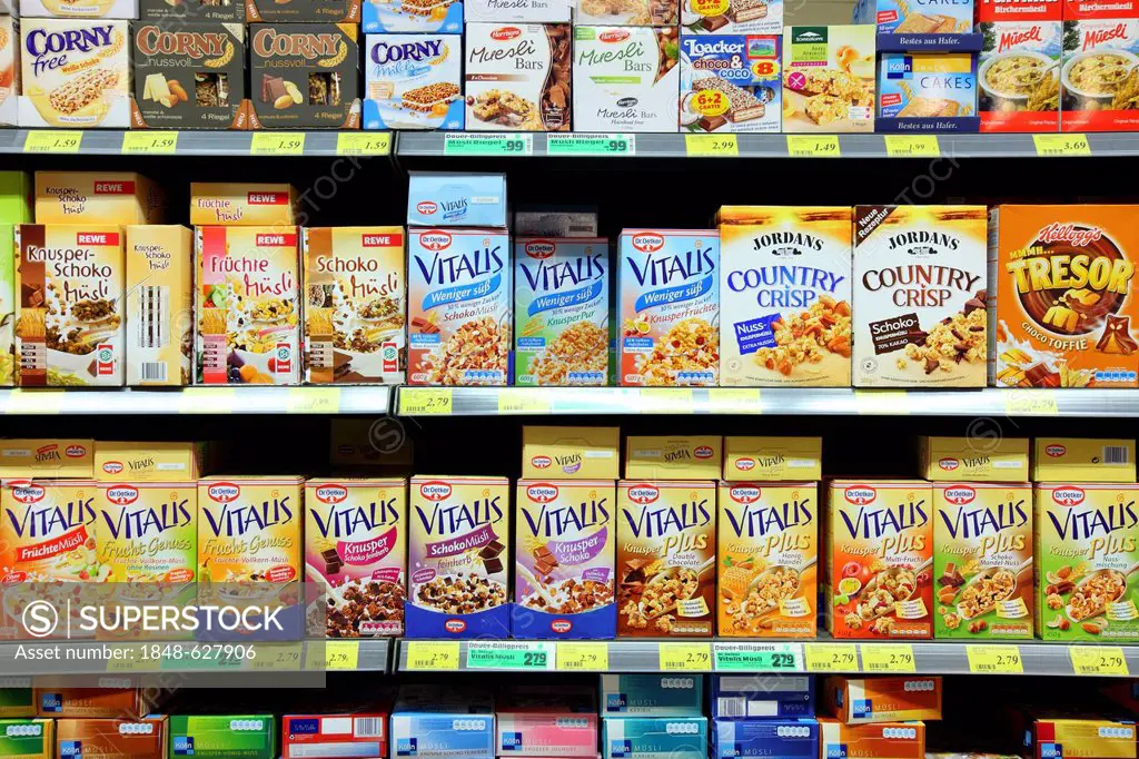 Shelves with various cereals breakfast cereals, self-service, food department, supermarket, Germany, Europe
