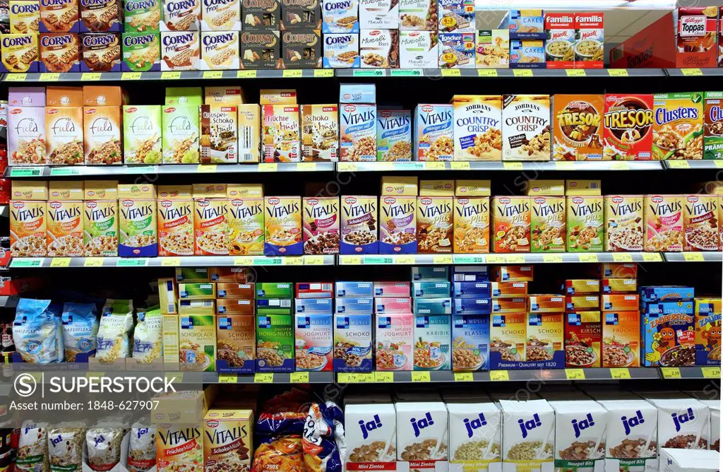 Shelves with various cereals breakfast cereals, self-service, food department, supermarket, Germany, Europe