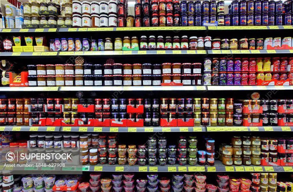 Shelves of jams, preserves, self-service, food department, supermarket, Germany, Europe