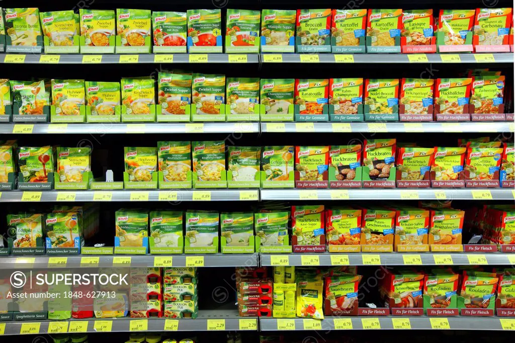 Shelves with packet soups, convenience foods, condiments, self-service, food department, supermarket, Germany, Europe
