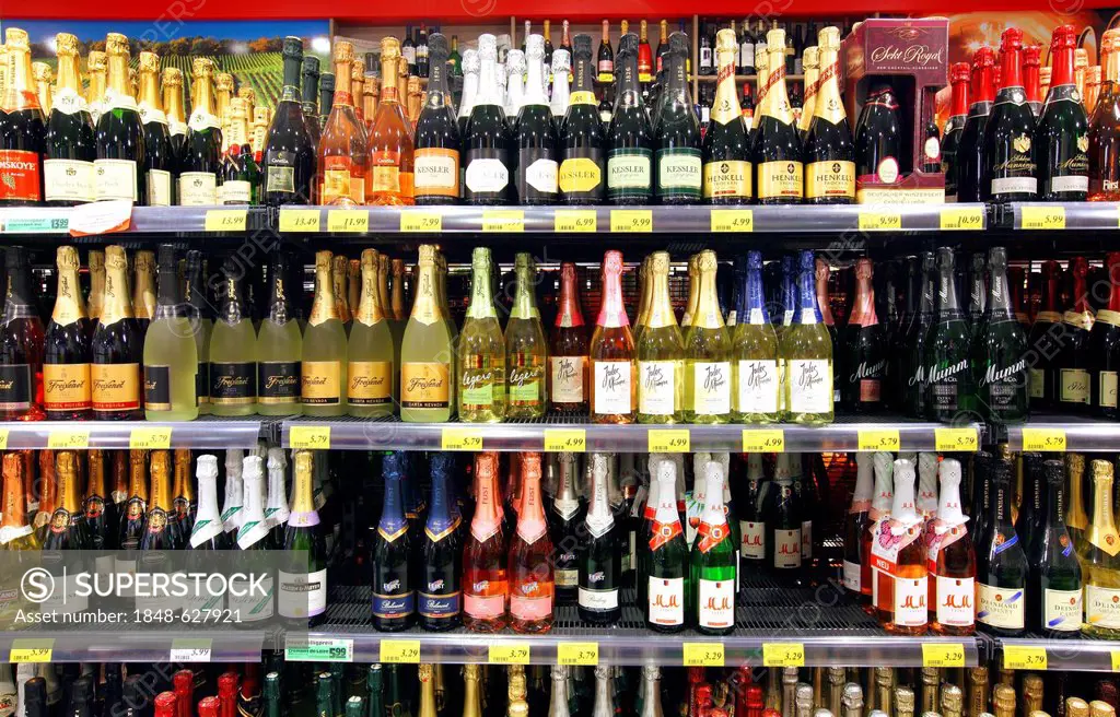 Beverage section, sparkling wine, champagne, shelves, self-service, Germany, Europe