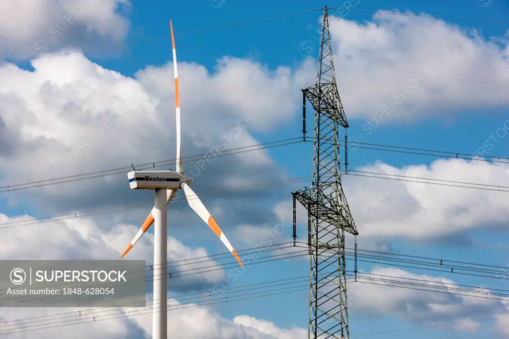 Wind turbines, wind power plant, wind farm, high voltage power lines, at Meerhof, North Rhine-Westphalia, Germany, Europe