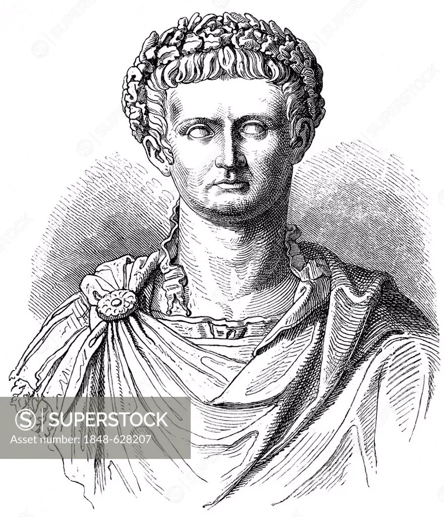 Historical drawing from the 19th Century, portrait of Tiberius Julius Caesar Augustus or Tiberius Claudius Nero, 42 BC - 37 AD, second emperor of the ...