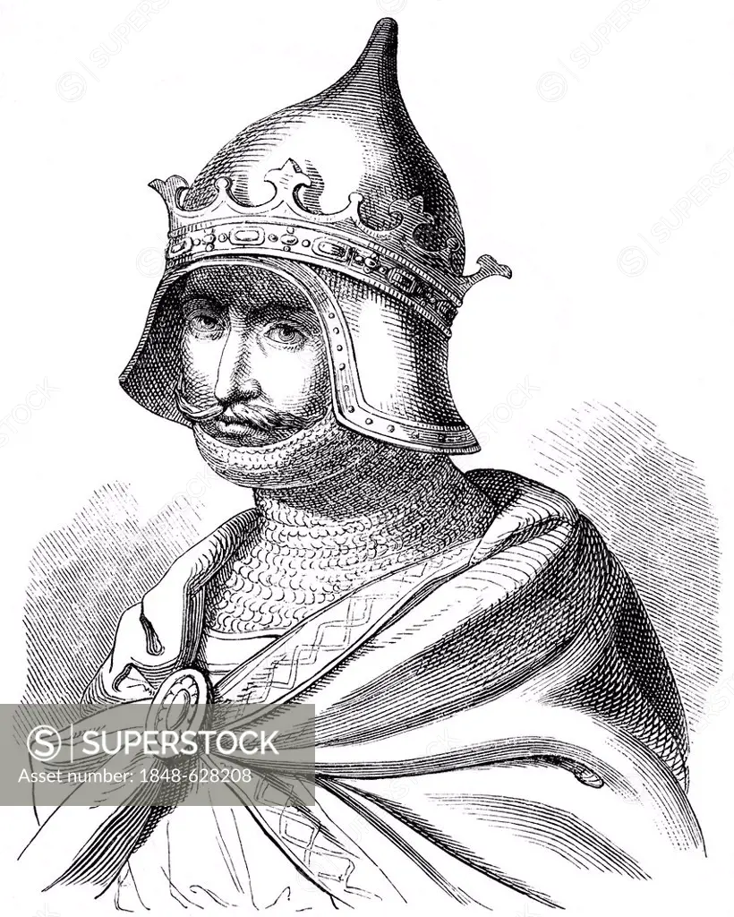Historical drawing from the 19th Century, portrait of Theodoric the Great, Flavius Theodericus Rex, circa 454-526, king of the Ostrogoths from the Ama...