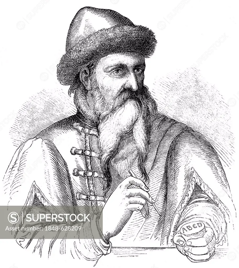 Historical drawing from the 19th Century, portrait of Johannes Gutenberg or Johannes Gensfleisch zur Laden zum Gutenberg, circa 1400-1468, inventor of...