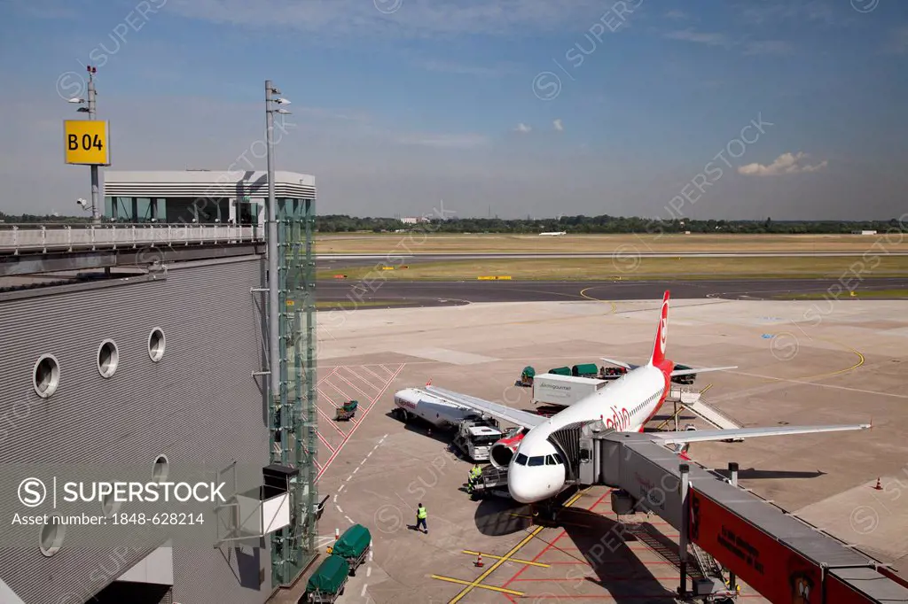Airberlin aircraft at the gate, Duesseldorf Airport, Rhineland region, North Rhine-Westphalia, Germany, Europe