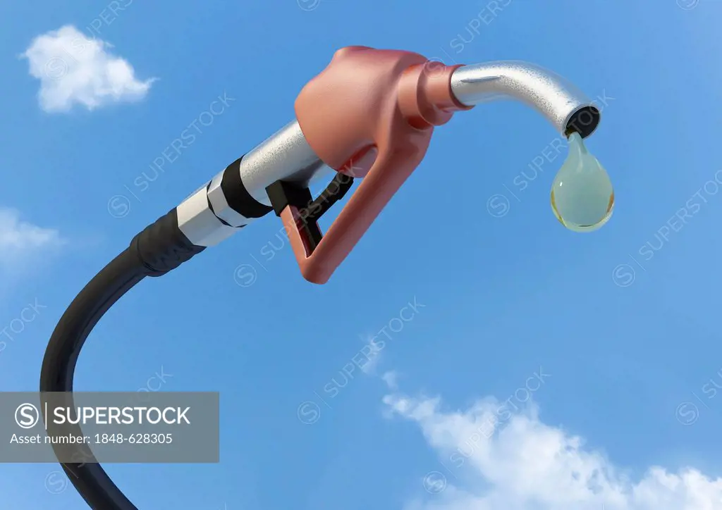Petrol pump nozzle with drop in front of sky