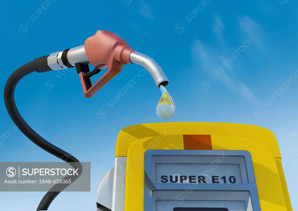 Petrol nozzle with a drop and petrol pump, E10 fuel