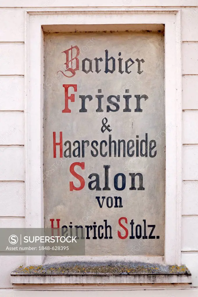 Old advertisement for a hairdresser's shop, Wismar, Mecklenburg-Western Pomerania, Germany, Europe