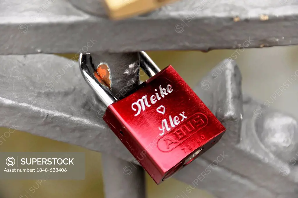 Love locks, padlocks, of young lovers on Niederbaumbruecke bridge, warehouse district, port of Hamburg, Hanseatic City of Hamburg, Germany, Europe