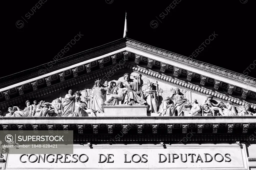 Lettering and relief in the tympanum above the main entrance, Congreso de los Diputados, house of representatives, part of the Cortes Generales parlia...