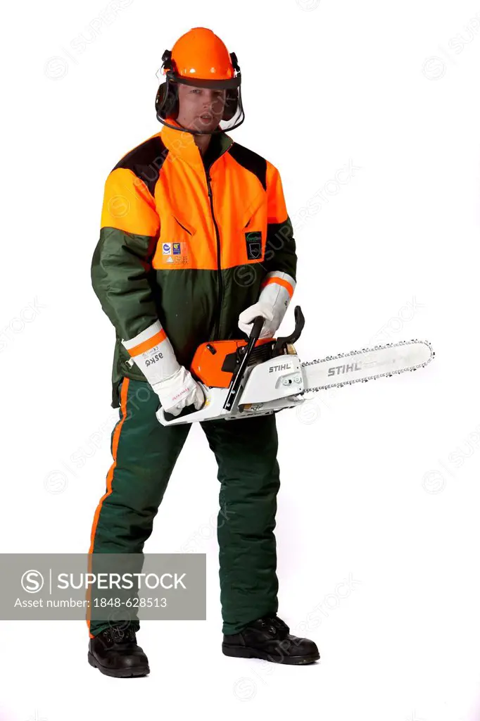Firefighter wearing protective clothing for working with a chainsaw, professional firefighter from the Berufsfeuerwehr Essen, Essen, North Rhine-Westp...