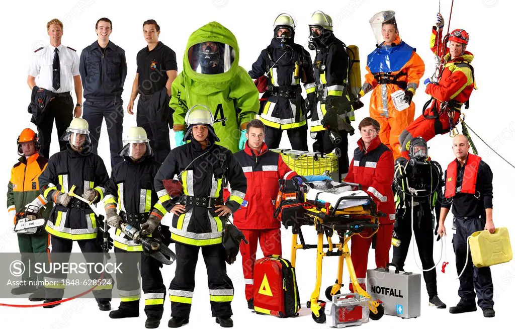 Firefighters wearing different uniforms, including a chemical protection suit, paramedics, a high-angle rescuer, a scuba diving suit and a protective ...
