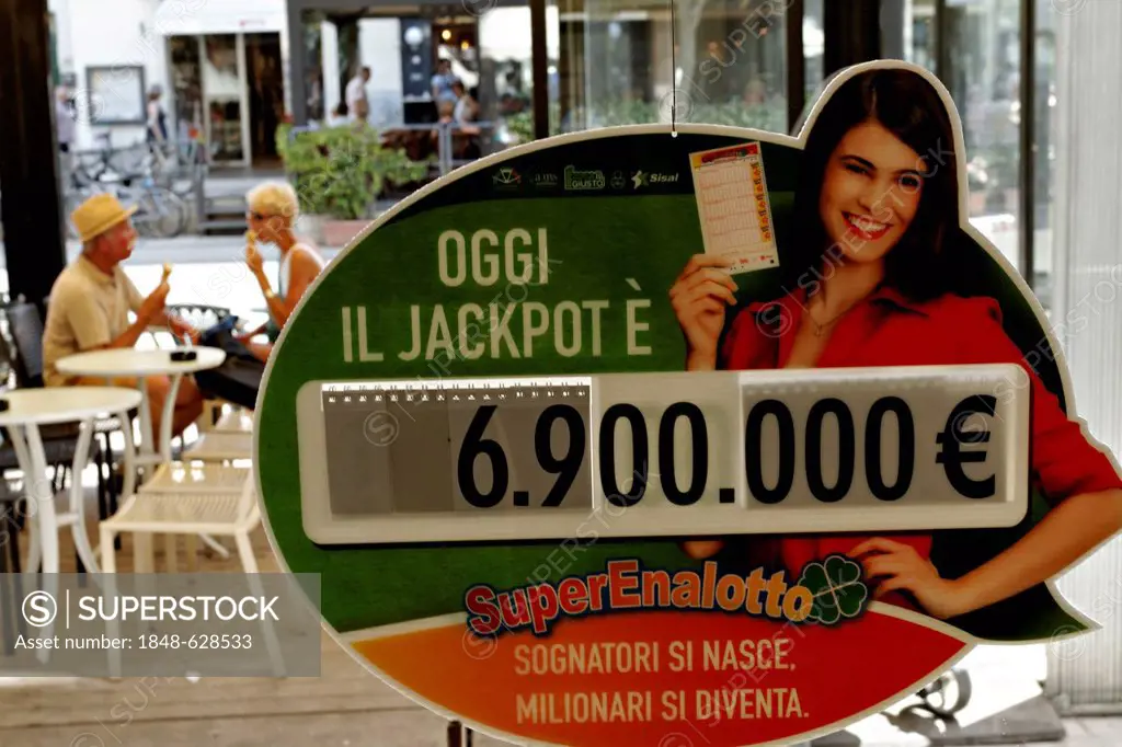 Italian lotto jackpot advertisement on shop window, Tuscany, Italy, Europe
