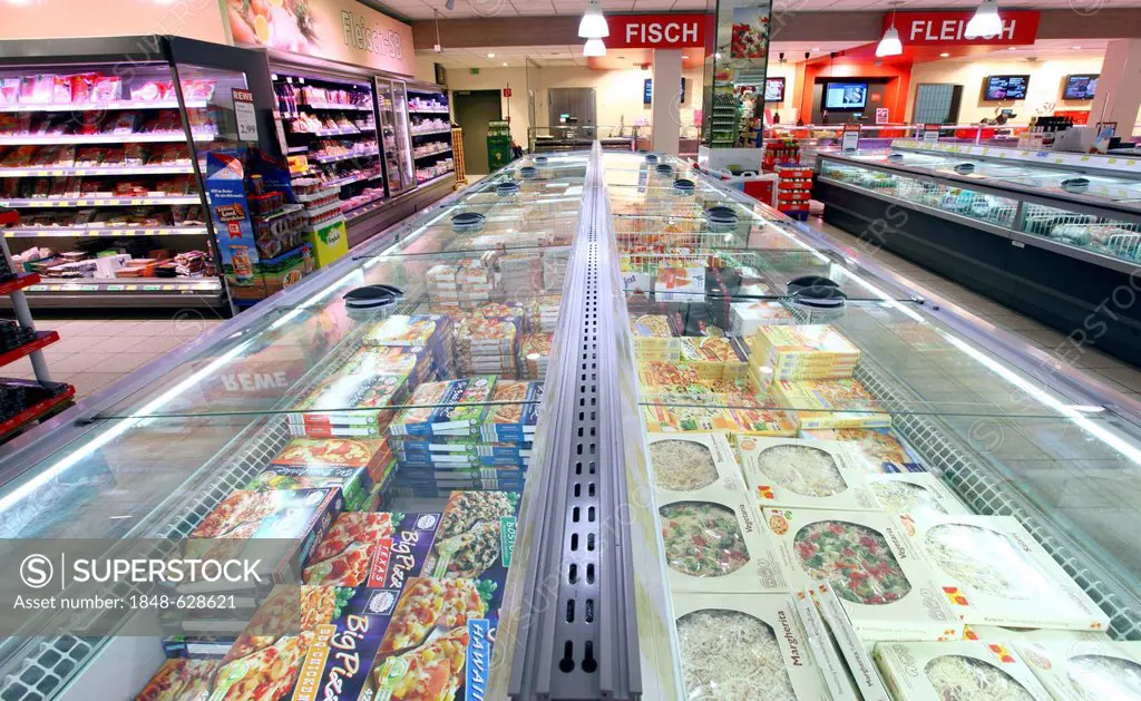 Freezers with various frozen products, convenience foods, self-service, food department, supermarket, Germany, Europe