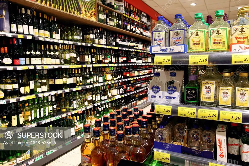 Beverage section, alcohol, spirits, self-service, food department, supermarket, Germany, Europe